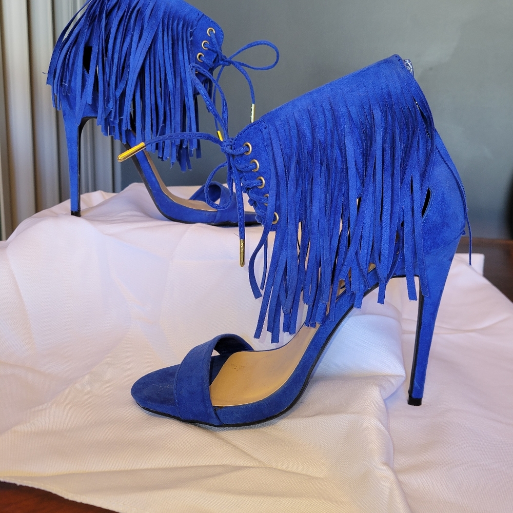 Electric blue suede fringe heels